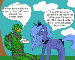 Size: 900x720 | Tagged: safe, artist:thet7770ify, derpibooru import, princess luna, alicorn, pony, comic:master chief and luna hanging out, armor, cloud, crossover, dialogue, duo, female, halo (series), jewelry, lidded eyes, male, mare, master chief, open mouth, outdoors, peytral, s1 luna, sitting, speech bubble, tiara, tree