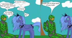 Size: 1280x683 | Tagged: safe, artist:thet7770ify, derpibooru import, princess luna, alicorn, pony, comic:master chief and luna hanging out, armor, cloud, comic, crossover, dialogue, duo, female, halo (series), jewelry, lidded eyes, male, mare, master chief, outdoors, peytral, s1 luna, sitting, speech bubble, tiara, tree, wide eyes