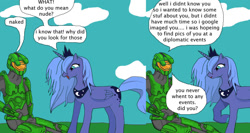 Size: 1280x683 | Tagged: safe, artist:thet7770ify, derpibooru import, princess luna, alicorn, pony, comic:master chief and luna hanging out, angry, armor, cloud, comic, crossover, dialogue, duo, female, halo (series), jewelry, male, mare, master chief, open mouth, outdoors, peytral, raised hoof, raised leg, s1 luna, sitting, speech bubble, teary eyes, tiara