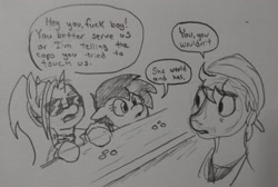 Size: 2048x1376 | Tagged: safe, artist:pony quarantine, derpibooru import, oc, oc only, oc:anon filly, oc:dyx, female, filly, grayscale, monochrome, pencil drawing, speech bubble, traditional art, trio