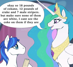 Size: 700x648 | Tagged: safe, artist:sekiryn, derpibooru import, princess celestia, shining armor, alicorn, pony, unicorn, comic:master chief and luna hanging out, clipboard, dialogue, duo, female, implied drug use, jewelry, looking at each other, male, mare, meme, misspelling, open mouth, peytral, redraw, smiling, speech bubble, stallion, tiara