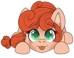 Size: 1342x1050 | Tagged: safe, artist:rokosmith26, derpibooru import, oc, oc only, oc:pumpkin patch, earth pony, pony, :p, cheek fluff, chibi, commission, cute, ear fluff, ears, earth pony oc, eye clipping through hair, eyebrows, eyebrows visible through hair, female, hairband, heart eyes, looking at you, lying down, mare, simple background, solo, tongue, tongue out, transparent background, white outline, wingding eyes, ych result