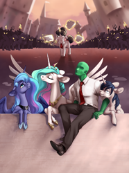 Size: 2072x2780 | Tagged: safe, artist:28gooddays, derpibooru import, princess celestia, princess luna, raven, oc, oc:anon, alicorn, human, unicorn, angry, canterlot, clothes, fanfic, fanfic art, fanfic cover, female, green skin, hair bun, jewelry, male, mare, necktie, paperwork, pitchfork, regalia, silhouette, suit, torch