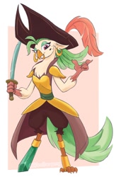 Size: 787x1200 | Tagged: safe, artist:aanotherpony, derpibooru import, captain celaeno, anthro, bird, clothes, female, solo, sword, weapon