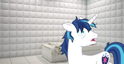 Size: 1200x618 | Tagged: safe, derpibooru import, shining armor, unicorn, the crystalling, cracked armor, frazzled, insanity, male, open mouth, padded cell