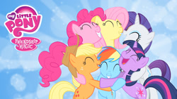 Size: 1280x720 | Tagged: safe, derpibooru import, applejack, fluttershy, pinkie pie, rainbow dash, rarity, twilight sparkle, earth pony, pegasus, pony, unicorn, friendship is magic, g4, the cutie mark chronicles, abstract background, applejack's hat, bipedal, clothes, cowboy hat, female, hat, hug, mane six, mare, my little pony logo, netflix, official