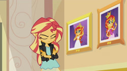 Size: 3410x1920 | Tagged: safe, derpibooru import, screencap, sunset shimmer, equestria girls, my past is not today, rainbow rocks, canterlot high, clothes, crossed arms, eyes closed, female, high res, jacket, leather, leather jacket, photo frame, solo