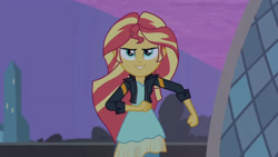 Size: 3410x1920 | Tagged: safe, derpibooru import, screencap, sunset shimmer, equestria girls, my past is not today, rainbow rocks, canterlot high, clothes, female, high res, jacket, leather, leather jacket, smiling, solo