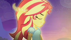 Size: 3410x1920 | Tagged: safe, derpibooru import, screencap, sunset shimmer, equestria girls, my past is not today, rainbow rocks, eyes closed, female, high res, smiling, solo