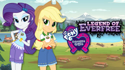 Size: 1280x720 | Tagged: safe, derpibooru import, applejack, rarity, equestria girls, legend of everfree, applejack's hat, camp everfree, clothes, cloud, cowboy hat, duo, equestria girls logo, female, forest, hat, my little pony logo, netflix, official, picnic table, table