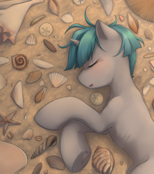 Size: 3335x3762 | Tagged: safe, artist:aquoquoo, derpibooru import, stygian, pony, unicorn, cute, drool, eyes closed, frog (hoof), lying down, male, missing accessory, on side, open mouth, seashell, sleeping, solo, stallion, underhoof