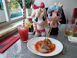 Size: 4032x3024 | Tagged: safe, artist:xeto_de, derpibooru import, cozy glow, oc, oc:lily allure, carambola, chopsticks, food, irl, photo, plushie, straw