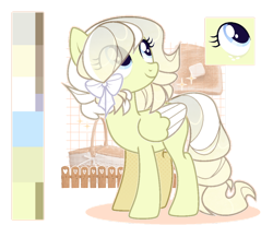 Size: 900x781 | Tagged: safe, artist:yukiiichi, derpibooru import, oc, oc only, pegasus, pony, blue eyes, bow, female, folded wings, freckles, hair bow, looking back, mare, reference sheet, simple background, smiling, solo, standing, transparent background, wings