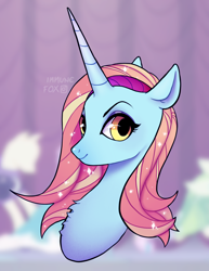 Size: 1424x1844 | Tagged: safe, artist:immunefox, derpibooru import, sassy saddles, pony, unicorn, blurry background, bust, canterlot, carousel boutique, fanart, female, fluffy, horn, looking at you, looking sideways, makeup, mare, portrait, pretty, solo