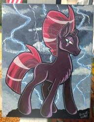 Size: 1478x1920 | Tagged: safe, artist:annuthecatgirl, derpibooru import, tempest shadow, pony, unicorn, female, lightning, mare, missing cutie mark, painting, solo, storming, traditional art