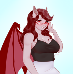 Size: 1366x1394 | Tagged: safe, artist:bylullabysoft, oc, oc only, oc:scarlet quill, anthro, bat pony, anthro oc, bat pony oc, breasts, cleavage, clothes, digital art, fangs, female, gradient background, jewelry, mare, mother, ring, signature, slit eyes, smiling, solo, wedding ring