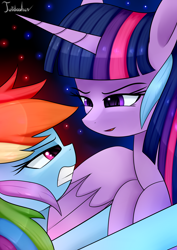 Size: 2480x3507 | Tagged: safe, artist:twidasher, rainbow dash, twilight sparkle, twilight sparkle (alicorn), alicorn, pegasus, pony, duo, feather, female, lesbian, looking at each other, shipping, signature, twidash