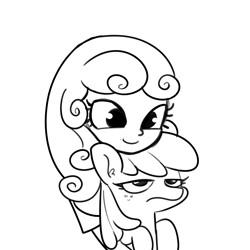 Size: 3000x3000 | Tagged: safe, artist:tjpones, derpibooru import, apple bloom, sweetie belle, earth pony, pony, equestria girls, apple bloom is not amused, black and white, duo, duo female, female, freckles, frown, grayscale, high res, holding a pony, hug, monochrome, simple background, sketch, smiling, unamused, white background