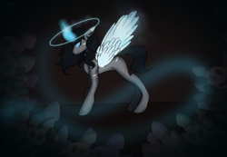 Size: 2048x1419 | Tagged: safe, artist:revenge.cats, derpibooru import, angel, angel pony, original species, pony, undead, zombie, andy biersack, black veil brides, blank flank, frown, magic, magic aura, simple background, solo