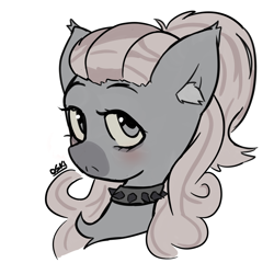 Size: 3000x3000 | Tagged: safe, artist:osukel, derpibooru import, oc, earth pony, pony, blushing, choker, head, long mane, ponytail, simple background, solo, spiked choker, white background