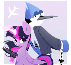 Size: 2937x2674 | Tagged: safe, artist:syrupyyy, derpibooru import, twilight sparkle, twilight sparkle (alicorn), alicorn, bird, blue jay, airplanes (song), clothes, crossover shipping, female, glowing horn, gun, handgun, horn, katana, male, mare, mordecai, mordetwi, open mouth, pistol, plane, shipping, straight, suit, sword, weapon