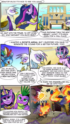 Size: 1280x2275 | Tagged: safe, artist:candyclumsy, derpibooru import, gallus, gilda, princess twilight 2.0, rainbow dash, spike, starlight glimmer, twilight sparkle, twilight sparkle (alicorn), alicorn, comic:revolution of harmony, the last problem, airship, armor, destroyed building, fire, flashback, mood whiplash, older, older spike, older twilight, royal guard, royal guard gallus