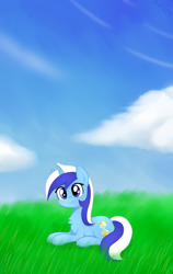 Size: 810x1278 | Tagged: safe, artist:hsf, derpibooru import, minuette, pony, unicorn, chest fluff, cloud, cute, female, grass, mare, minubetes, sky, smiling, solo