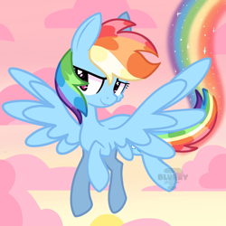 Size: 2048x2048 | Tagged: safe, artist:blurry-kun, derpibooru import, rainbow dash, pegasus, pony, friendship is magic, cloud, evening, female, flying, mare, mlp fim, my little pony, rainbow trail, sky, sun