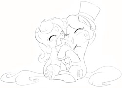 Size: 1068x770 | Tagged: safe, artist:dotkwa, derpibooru import, oc, oc only, oc:deary dots, oc:hattsy, earth pony, pony, duo, eyes closed, female, grayscale, hat, hug, mare, monochrome, simple background, sitting, top hat, white background