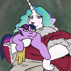 Size: 600x600 | Tagged: safe, artist:jargon scott, derpibooru import, princess celestia, twilight sparkle, unicorn twilight, pony, unicorn, clothes, dress, duo, female, fine art parody, holding a pony, mare