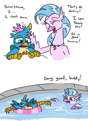 Size: 771x1058 | Tagged: safe, artist:jargon scott, derpibooru import, gallus, silverstream, classical hippogriff, griffon, hippogriff, seapony (g4), dialogue, duo, eyes closed, female, head pat, inner tube, male, open mouth, open smile, pat, simple background, smiling, swimming, swimming pool, white background