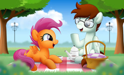 Size: 800x484 | Tagged: safe, artist:jhayarr23, derpibooru import, scootaloo, oc, oc:soul beat, pegasus, pony, basket, cup, glasses, lying down, male, older, picnic basket, picnic blanket, prone, stallion, teacup, teapot, tree