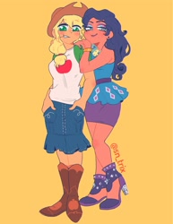 Size: 3092x4000 | Tagged: safe, artist:sn_trix, derpibooru import, applejack, rarity, equestria girls, boots, clothes, cowboy boots, cowboy hat, female, hat, high heels, human coloration, lesbian, looking at you, rarijack, rarity peplum dress, shipping, shoes, simple background, skirt, straw in mouth, yellow background