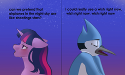Size: 1280x763 | Tagged: safe, artist:azaani, derpibooru import, twilight sparkle, twilight sparkle (alicorn), alicorn, bird, blue jay, pony, airplanes (song), crossover, crossover shipping, crying, meme, mordecai, mordetwi, redraw mordetwi meme, regular show, shipping