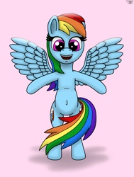 Size: 2330x3084 | Tagged: safe, artist:darkyboode32, derpibooru import, rainbow dash, pegasus, pony, belly button, bipedal, female, mare, open mouth, simple background, smiling, solo, spread arms, spread wings, standing, wings