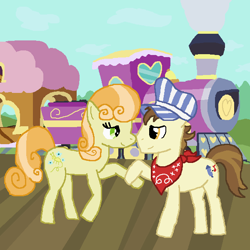 Size: 600x600 | Tagged: safe, derpibooru exclusive, derpibooru import, junebug, steamer, earth pony, pony, female, friendship express, holding hooves, locomotive, looking at each other, male, shipping, smiling, steam, steam train, straight, train, train engineer, train station