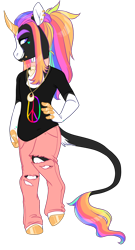 Size: 700x1295 | Tagged: safe, artist:lavvythejackalope, derpibooru import, oc, oc only, anthro, unguligrade anthro, unicorn, clothes, hoof polish, horn, leonine tail, male, multicolored hair, pants, peace symbol, rainbow hair, torn clothes, unicorn oc