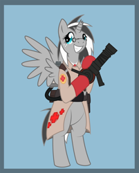 Size: 1610x2000 | Tagged: safe, artist:srmario, derpibooru import, oc, oc only, alicorn, pony, alicorn oc, bipedal, blue background, clothes, female, flamethrower, glasses, grin, horn, mare, medic, simple background, smiling, solo, team fortress 2, weapon, wings