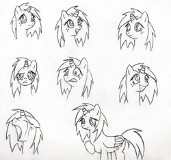 Size: 500x465 | Tagged: safe, artist:srmario, derpibooru import, oc, oc only, alicorn, pony, alicorn oc, broken horn, bust, crying, female, grayscale, grin, horn, lineart, mare, monochrome, simple background, smiling, traditional art, white background, wings