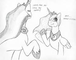 Size: 600x471 | Tagged: safe, artist:srmario, derpibooru import, princess celestia, princess luna, alicorn, pony, bust, dialogue, duo, ethereal mane, eyelashes, female, grayscale, hair over one eye, hoof shoes, horn, jewelry, lineart, mare, monochrome, peytral, simple background, smiling, starry mane, tiara, traditional art, waving, white background, wings