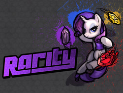 Size: 1600x1200 | Tagged: safe, artist:mane6, derpibooru import, rarity, pony, unicorn, fighting is magic, cover art, female, gem, gray background, mare, simple background, solo, text