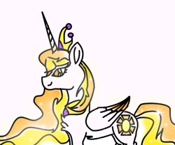 Size: 1200x1000 | Tagged: safe, artist:goldlines005, derpibooru import, princess celestia, alicorn, pony, alternate design, chest fluff, female, horn, jewelry, mare, peytral, simple background, smiling, solo, tiara, white background, wings