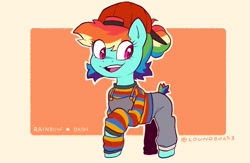 Size: 2000x1300 | Tagged: safe, artist:matterproblem, derpibooru import, rainbow dash, alternate hairstyle, backwards ballcap, baseball cap, cap, clothes, hat, shirt, striped shirt