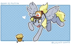 Size: 2000x1300 | Tagged: safe, artist:matterproblem, derpibooru import, derpy hooves, pegasus, pony, cap, cute, derpabetes, flying, food, hat, heart, muffin, that pony sure does love muffins, tongue, tongue out