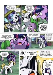 Size: 1204x1700 | Tagged: safe, artist:tarkron, derpibooru import, rarity, spike, twilight sparkle, oc, oc:cosmo cool, alicorn, dragon, pony, unicorn, comic:the royal sandal, comic, glasses, glowing horn, groin attack, horn, speech bubble