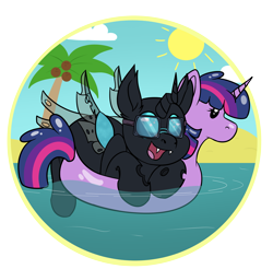 Size: 4027x3955 | Tagged: safe, artist:rokosmith26, derpibooru import, oc, oc only, oc:tarsi, changeling, beach, changeling horn, changeling oc, changeling wings, cloud, commission, floating, floaty, glasses, happy, horn, insect wings, looking up, open mouth, palm tree, solo, spread wings, sun, teeth, tree, water, wings, ych result