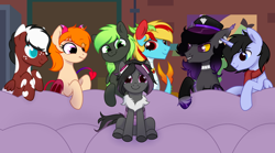 Size: 3600x2008 | Tagged: safe, artist:unichan, derpibooru import, oc, oc only, oc:autumn lust, oc:comet wolf, oc:drivel, oc:green lightning, oc:mimicry, oc:rye bread, oc:zenaris blackmour, bat pony, changeling, dracony, dragon, earth pony, hybrid, pegasus, succubus, succubus pony, unicorn, bedroom eyes, collar, commission, dyed mane, female, grin, hat, imminent sex, jewelry, male, mare, necklace, piper perri surrounded, purple changeling, shiftling, sitting, smiling, sofa, stallion, ych result