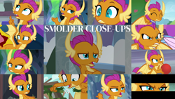 Size: 1280x721 | Tagged: safe, derpibooru import, edit, edited screencap, editor:quoterific, screencap, silverstream, smolder, dragon, season 8, season 9, close-up, dragoness, female, smolder is not amused, solo focus, unamused