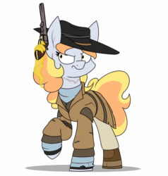 Size: 1400x1469 | Tagged: safe, artist:moonatik, derpibooru import, oc, oc only, oc:dawn rain, pony, unicorn, animated, boots, clothes, coat, cowboy hat, female, gun, gunslinger, hand, handgun, hat, listening, magic, magic hands, mare, revolver, shirt, shoes, solo, the good the bad and the ugly, weapon