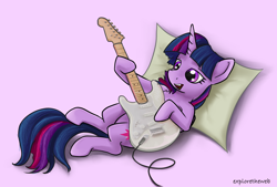 Size: 1624x1100 | Tagged: safe, artist:exploretheweb, derpibooru import, twilight sparkle, twilight sparkle (alicorn), alicorn, pony, electric guitar, female, guitar, lying down, mare, musical instrument, on back, pillow, pink background, simple background, solo